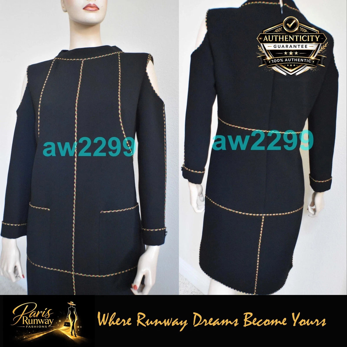 CHANEL $4800 2014 Runway Embellished Cold Shoulder Dress CC Logo Black FR 36 NWT