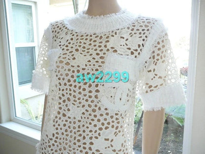 CHANEL 11C NEW MOST WANTED TWEED & EYELET CC LOGO RUNWAY MINI DRESS 38 CREME NEW