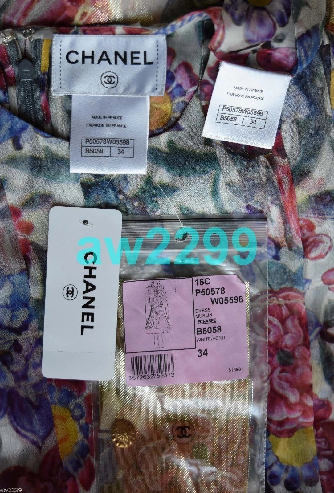CHANEL 15C $7350 NWT EXQUISITE RARE RUNWAY 2 PIECE DRESS AND SCARF CC LOGO 34