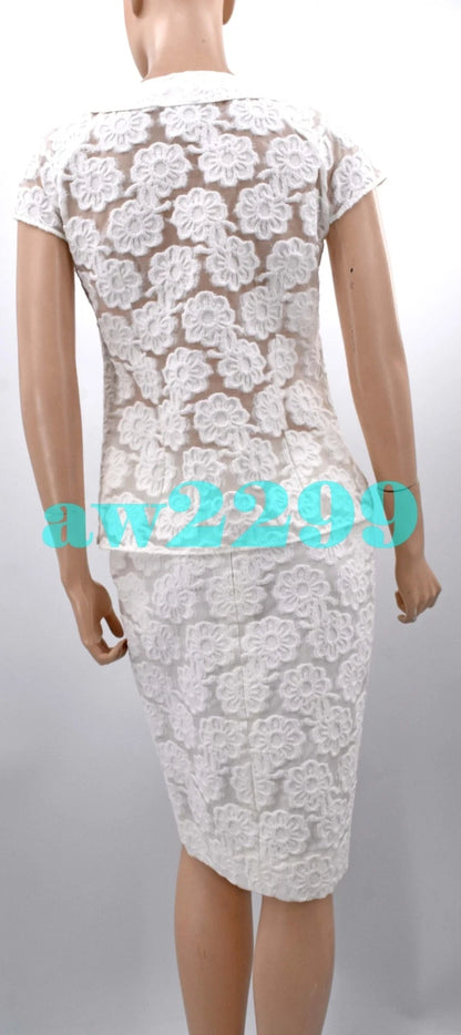 CHANEL 09C 2009 NEW CAMELLIA CC LOGO 2-PIECE JACKET & SKIRT SUIT FR 36 OFF-WHITE